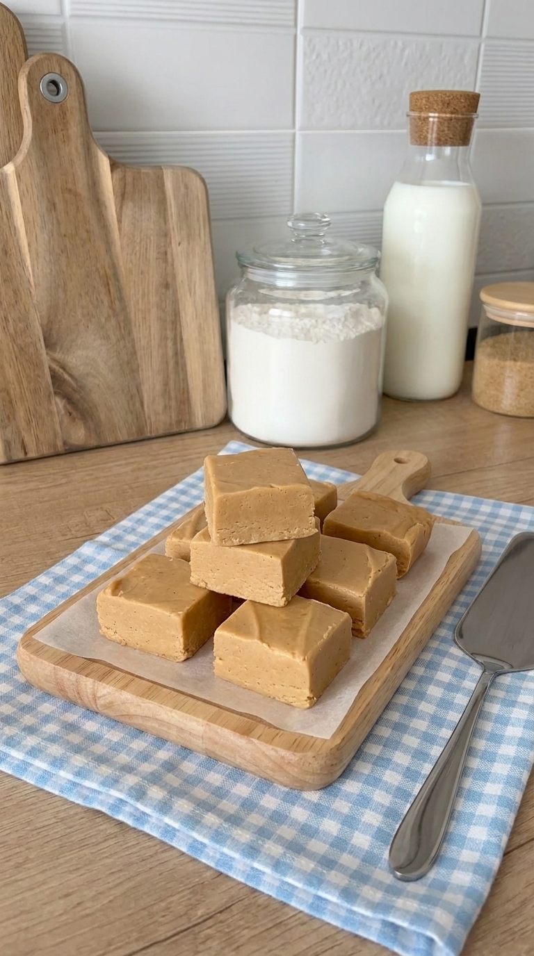 Thick squares of homemade 3-ingredient peanut butter fudge stacked on a wooden serving board, showing a smooth, creamy golden peanut butter texture.