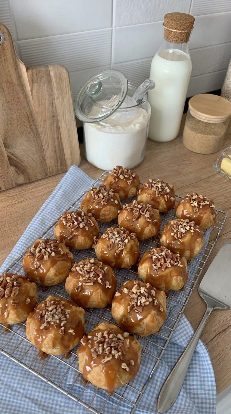 Golden caramel pecan crescent roll bites topped with glossy caramel glaze and chopped pecans, arranged on a wire cooling rack.