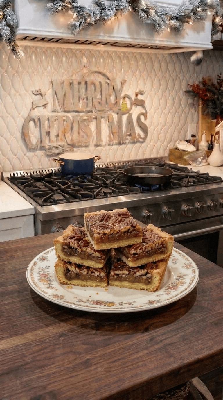 A stack of chewy pecan pie bars on a wooden cutting board, showing a thick shortbread crust and a gooey, caramelized pecan topping.