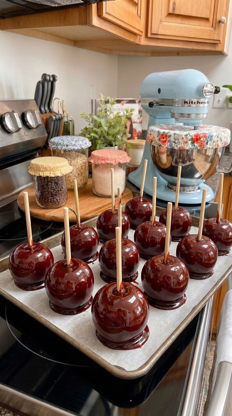 Red poison apple cake pops with black dripping candy coating and pretzel stems displayed for a Halloween party.