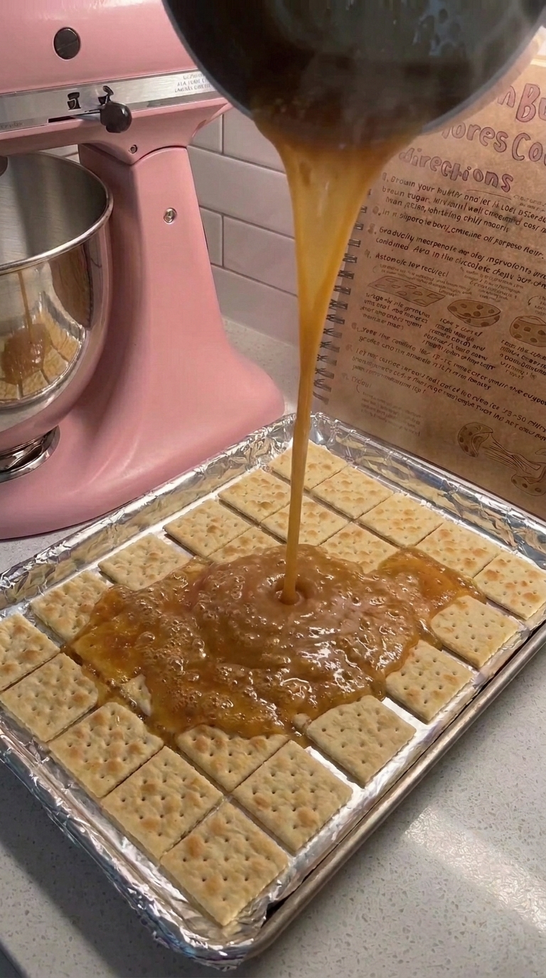 Hot brown sugar toffee being poured over saltine crackers on a rimmed baking sheet.