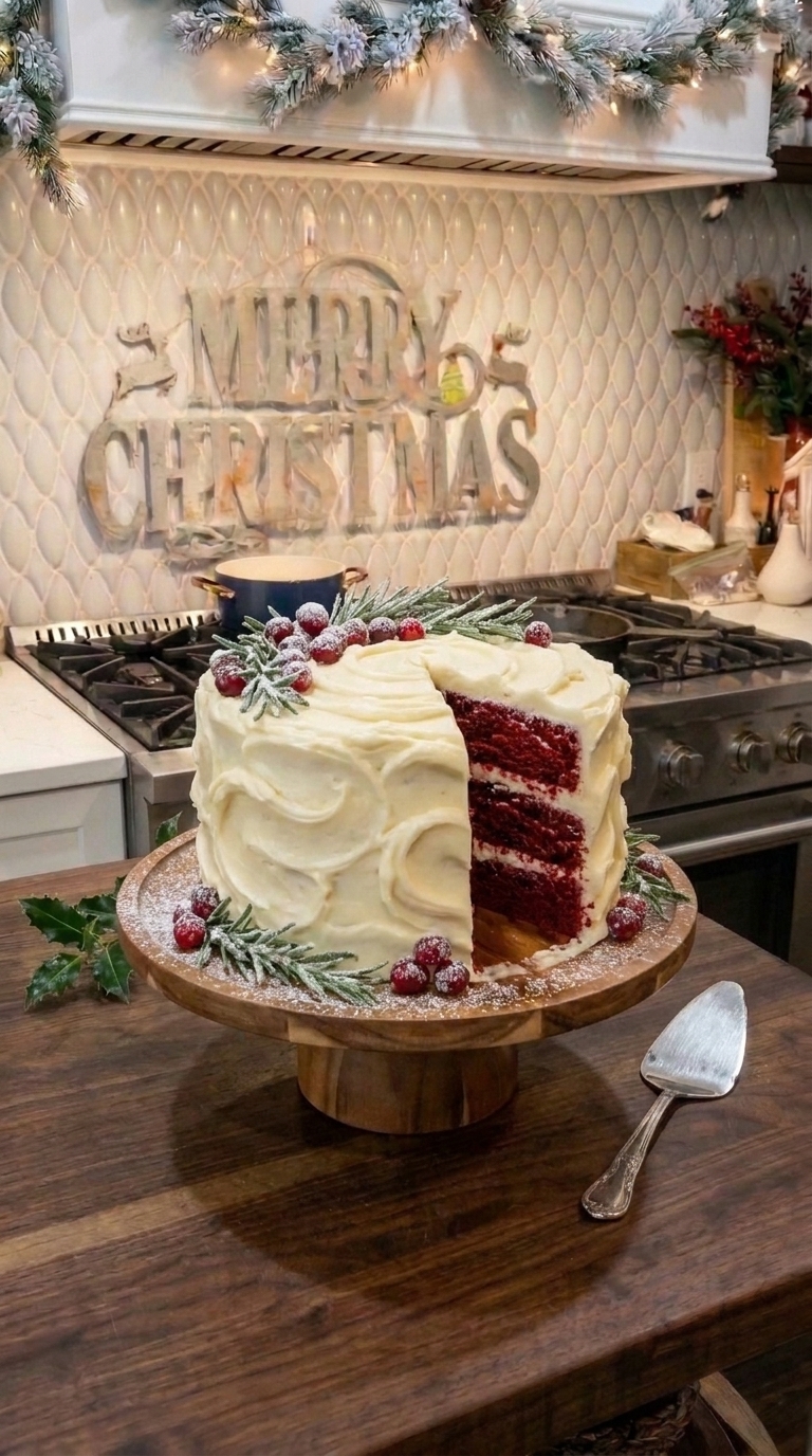 A beautiful two-layer red velvet Christmas cake sliced on a festive plate, showing a vibrant red crumb and thick white cream cheese frosting.