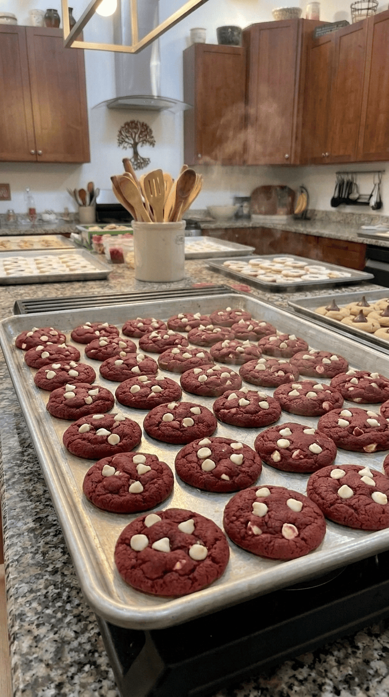 A stack of vibrant red velvet cookies loaded with sweet white chocolate chips, sitting on a festive holiday platter.