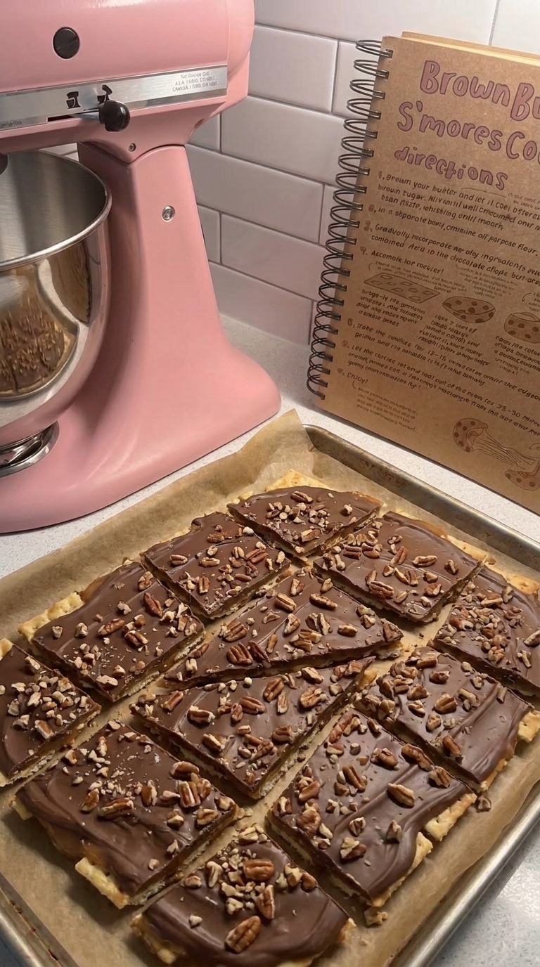 Homemade old-fashioned Pine Bark saltine toffee cut into pieces with melted chocolate and chopped pecans on a parchment-lined baking sheet.