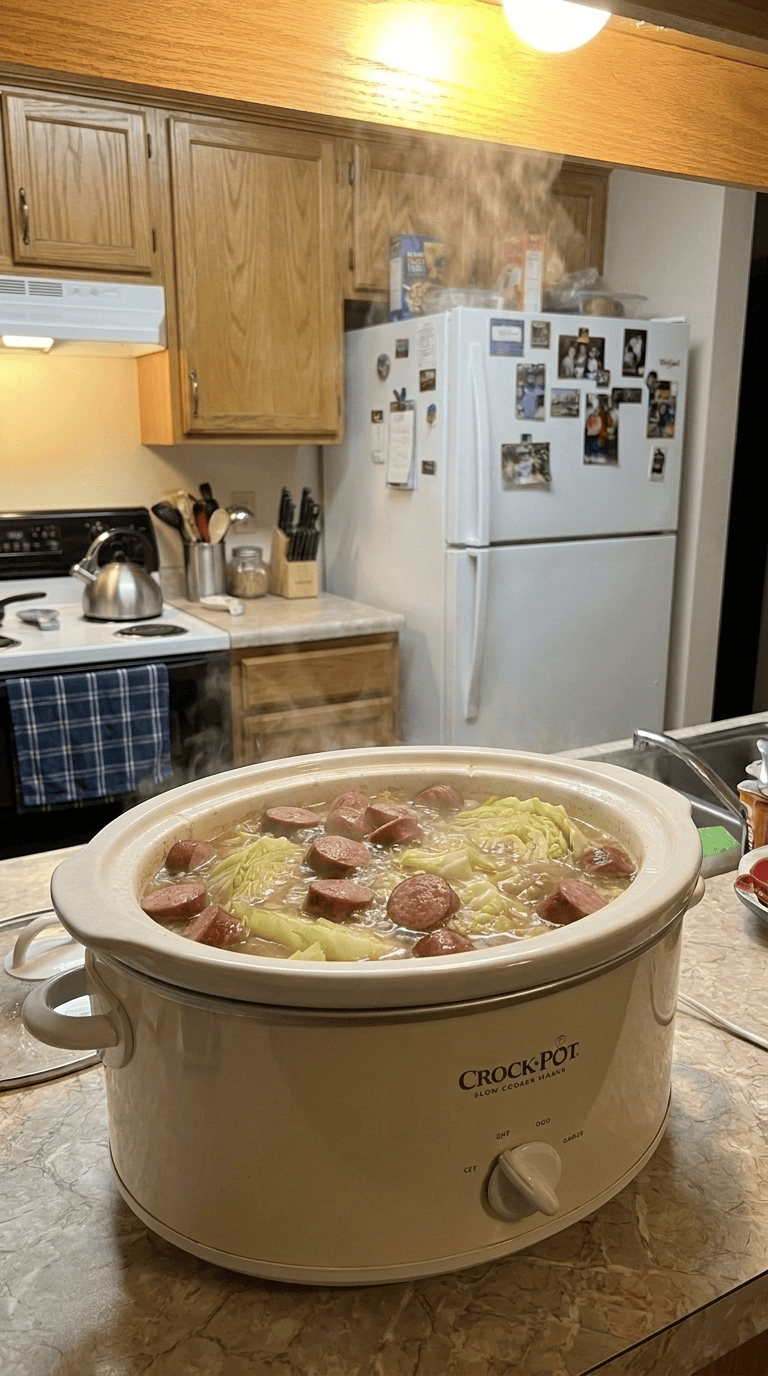 A wide, overhead shot keeping the full slow cooker pot visible, filled with steaming, tender green cabbage, sliced smoked sausage, and savory broth, ready to be served.