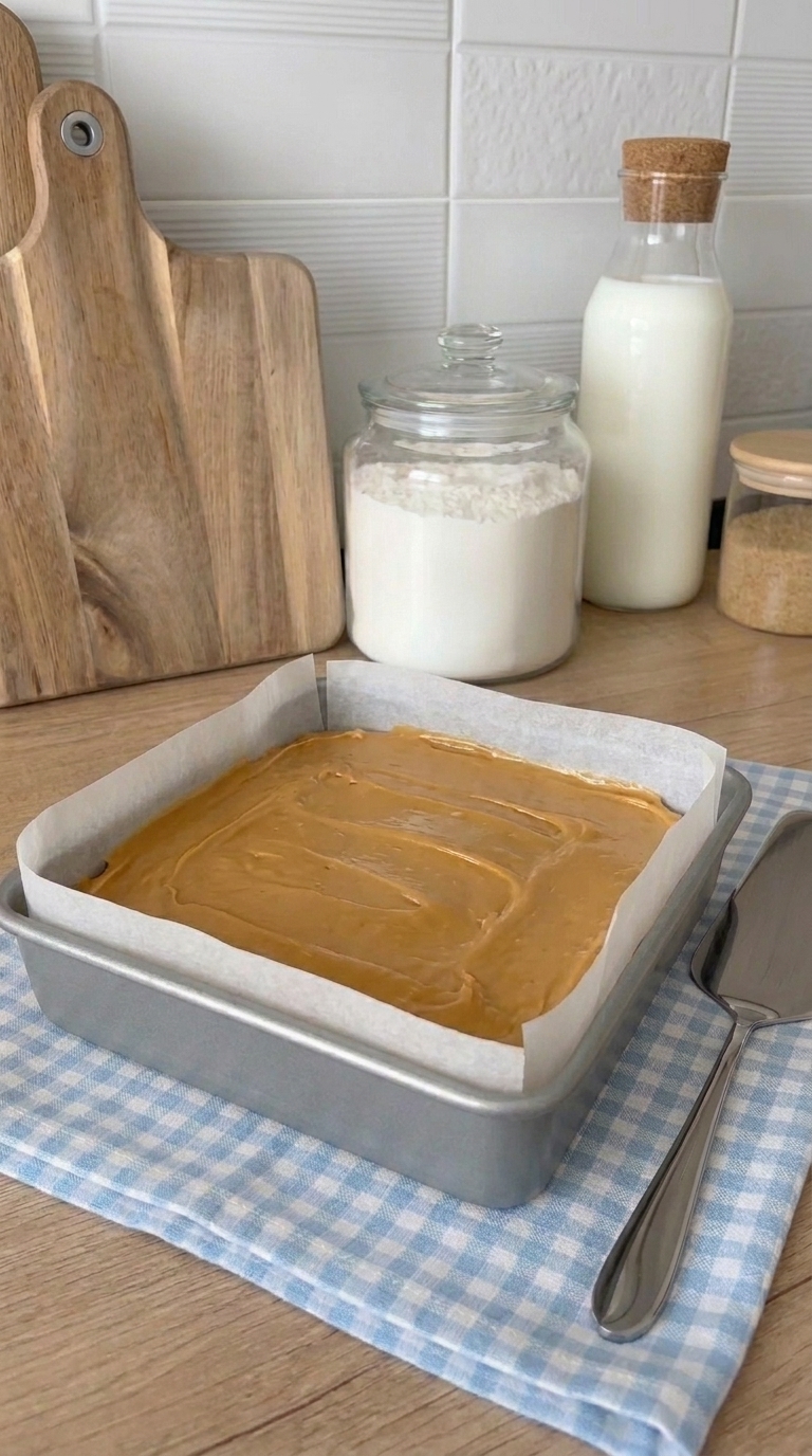 Creamy peanut butter fudge mixture spread evenly into a parchment-lined square baking pan before refrigeration.