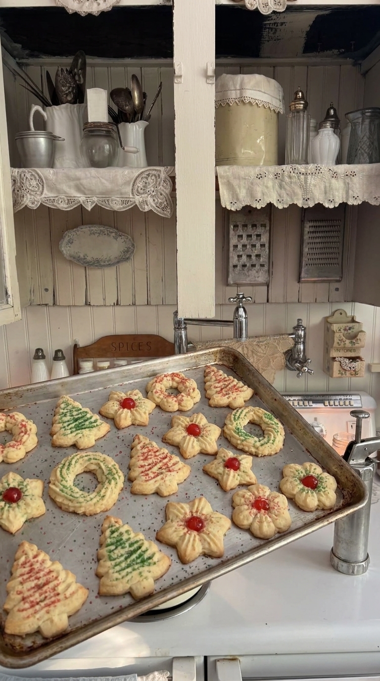 A vintage metal baking tray filled with freshly baked old-fashioned spritz butter cookies shaped like Christmas trees, wreaths, and stars, beautifully decorated with festive red and green sugar and candied cherries.
