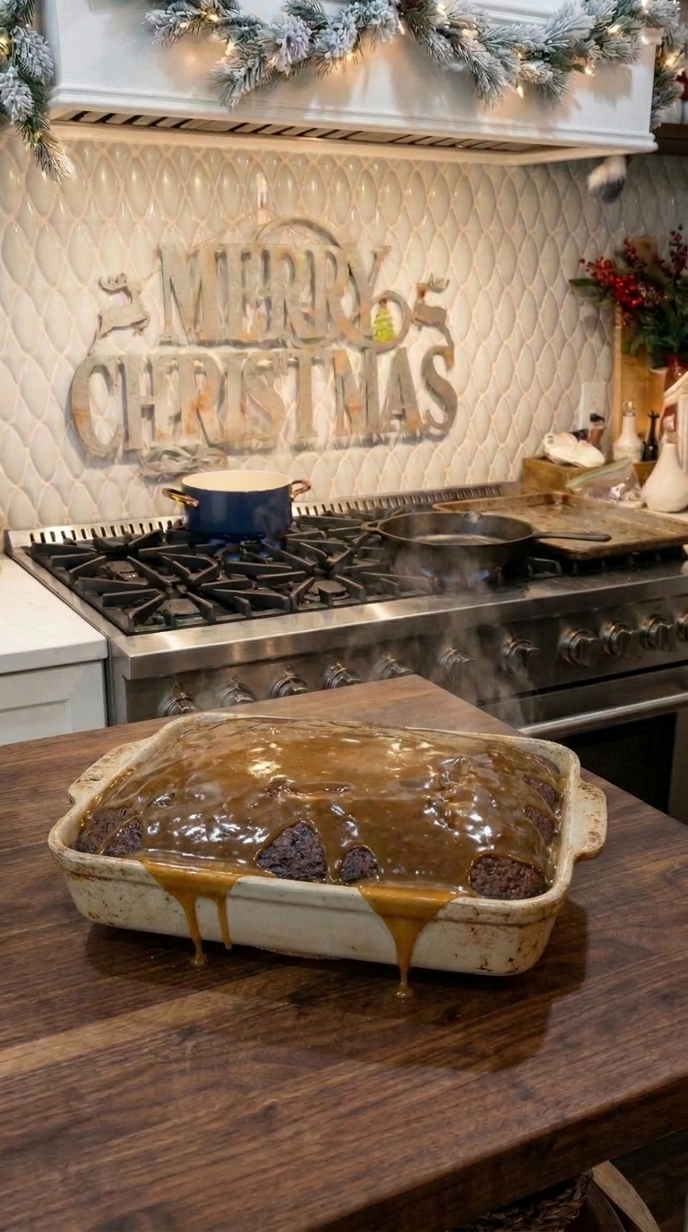 Homemade sticky toffee pudding in a rectangular ceramic baking dish, covered with thick, glossy brown sugar toffee sauce dripping over the edges.