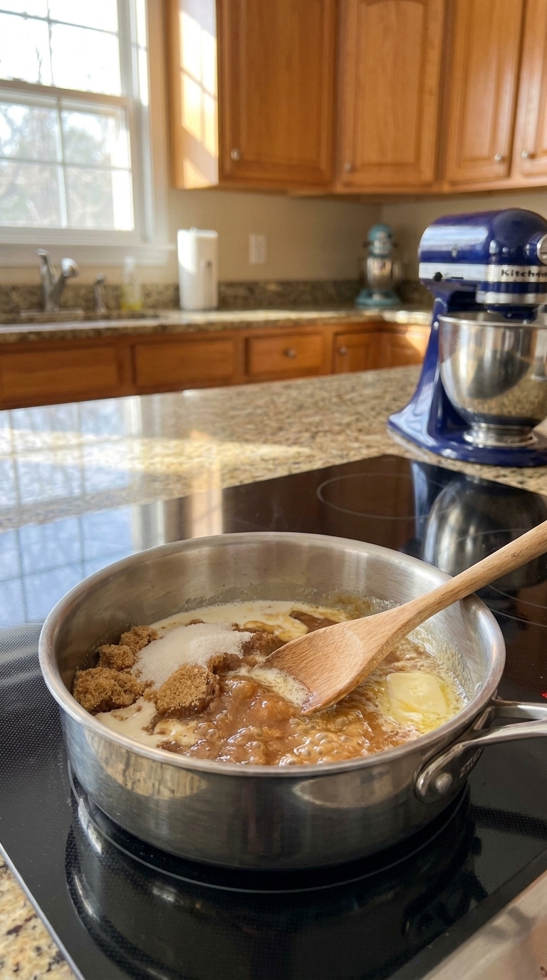 Brown sugar, granulated sugar, heavy cream, and butter melting together in a saucepan for homemade pecan pralines.