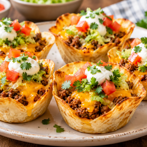 A close-up of perfectly crispy baked flour tortilla cups filled with seasoned ground beef and melted cheddar cheese, topped with sour cream, lettuce, and diced tomatoes on a rustic serving platter.