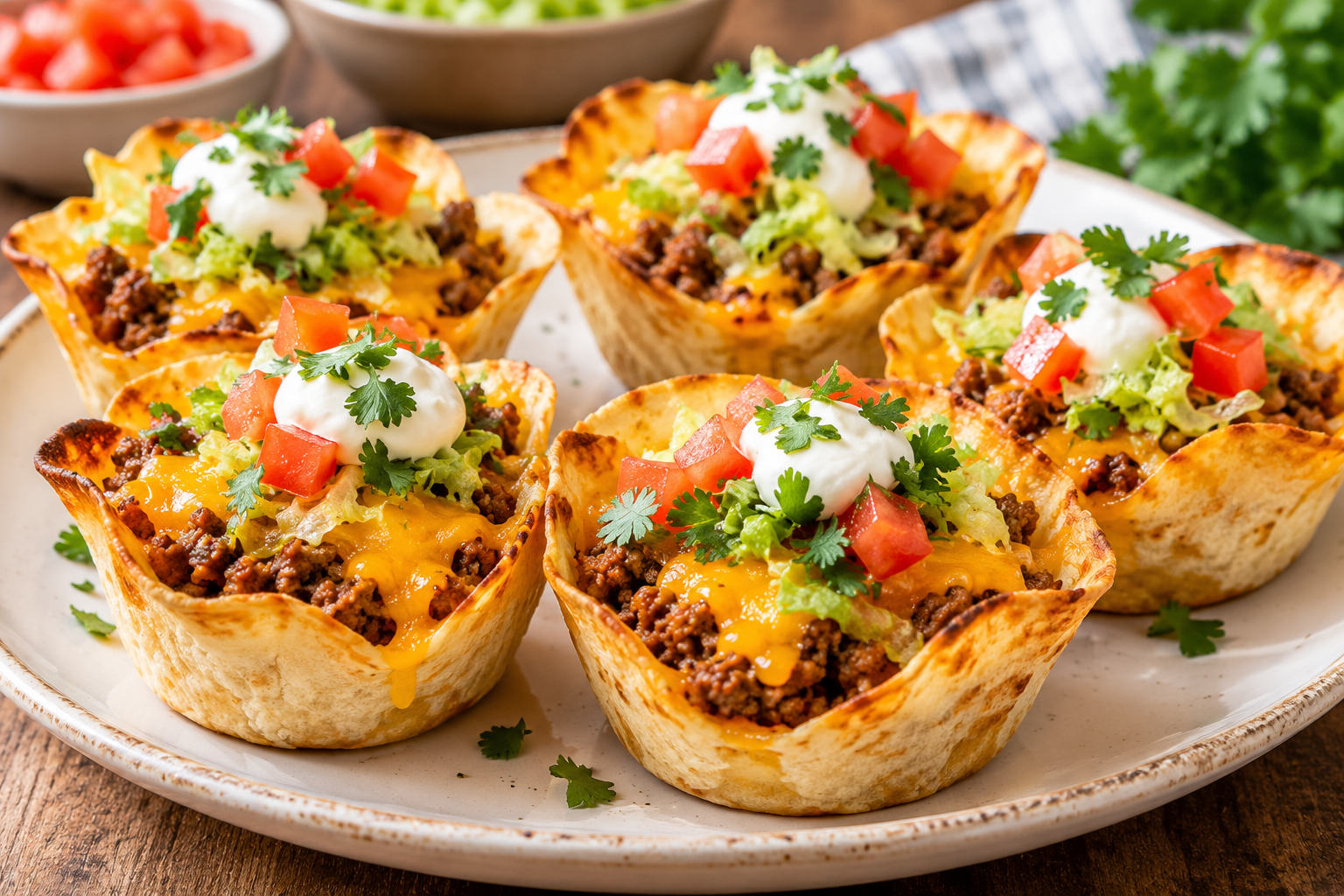 A close-up of perfectly crispy baked flour tortilla cups filled with seasoned ground beef and melted cheddar cheese, topped with sour cream, lettuce, and diced tomatoes on a rustic serving platter.