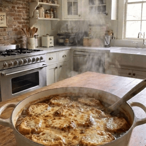 A steaming crock of homemade French onion soup topped with a thick, toasted baguette slice and bubbly, golden-brown melted Gruyère cheese.