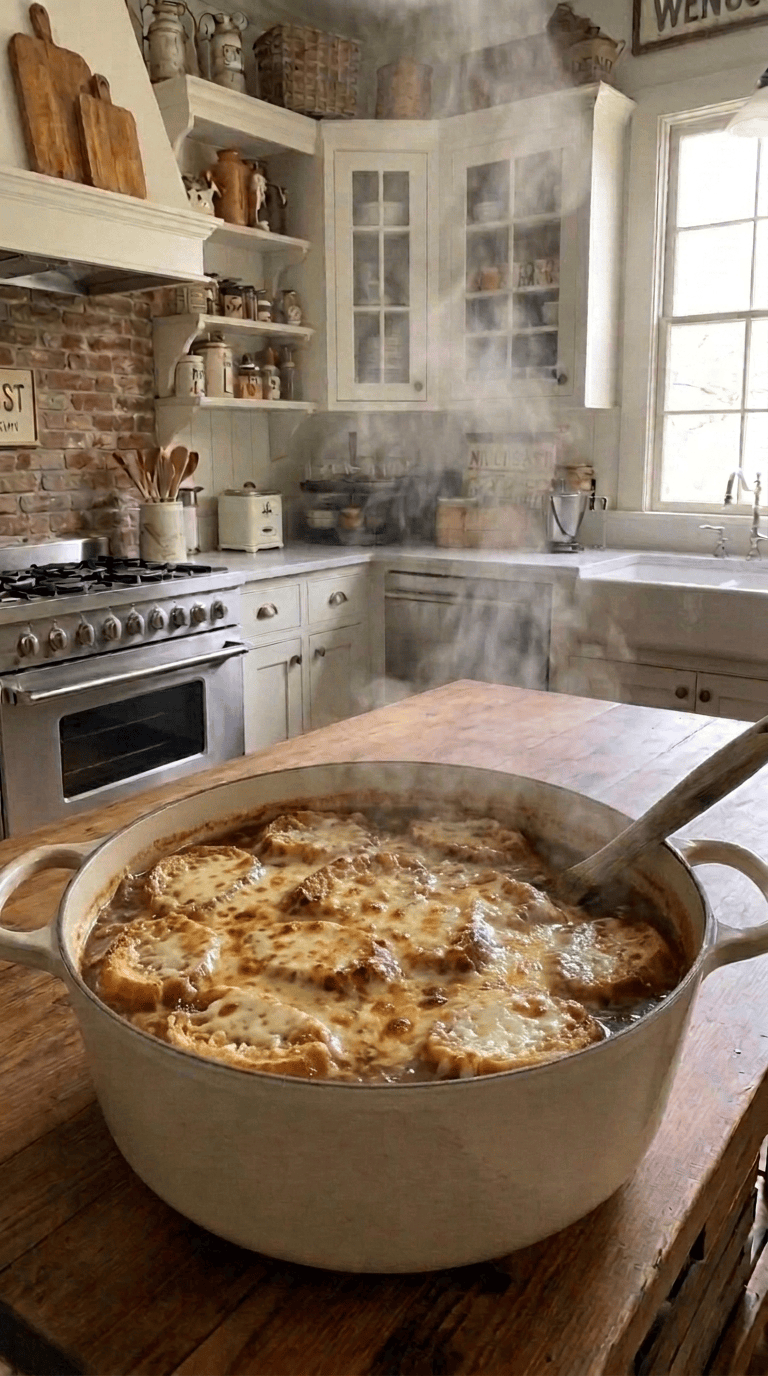 A steaming crock of homemade French onion soup topped with a thick, toasted baguette slice and bubbly, golden-brown melted Gruyère cheese.